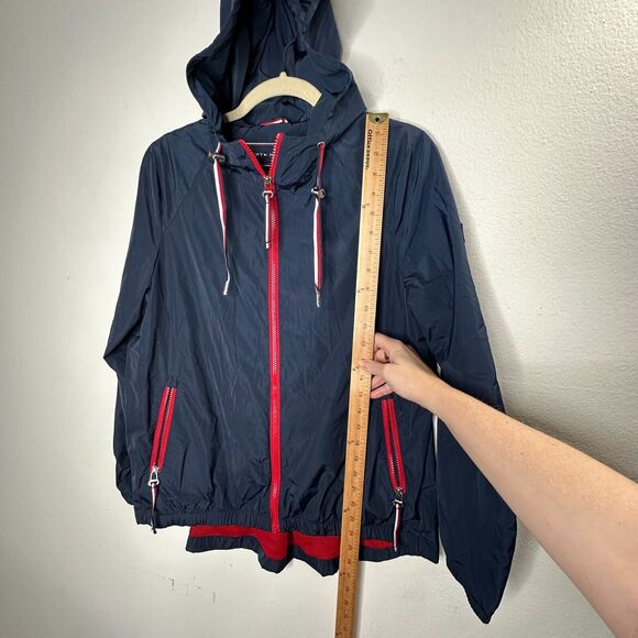 Tommy Hilfinger Navy Blue Red Trim Hooded Long Sleeve Zip Windbreaker Jacket S - Picture 12 of 12
